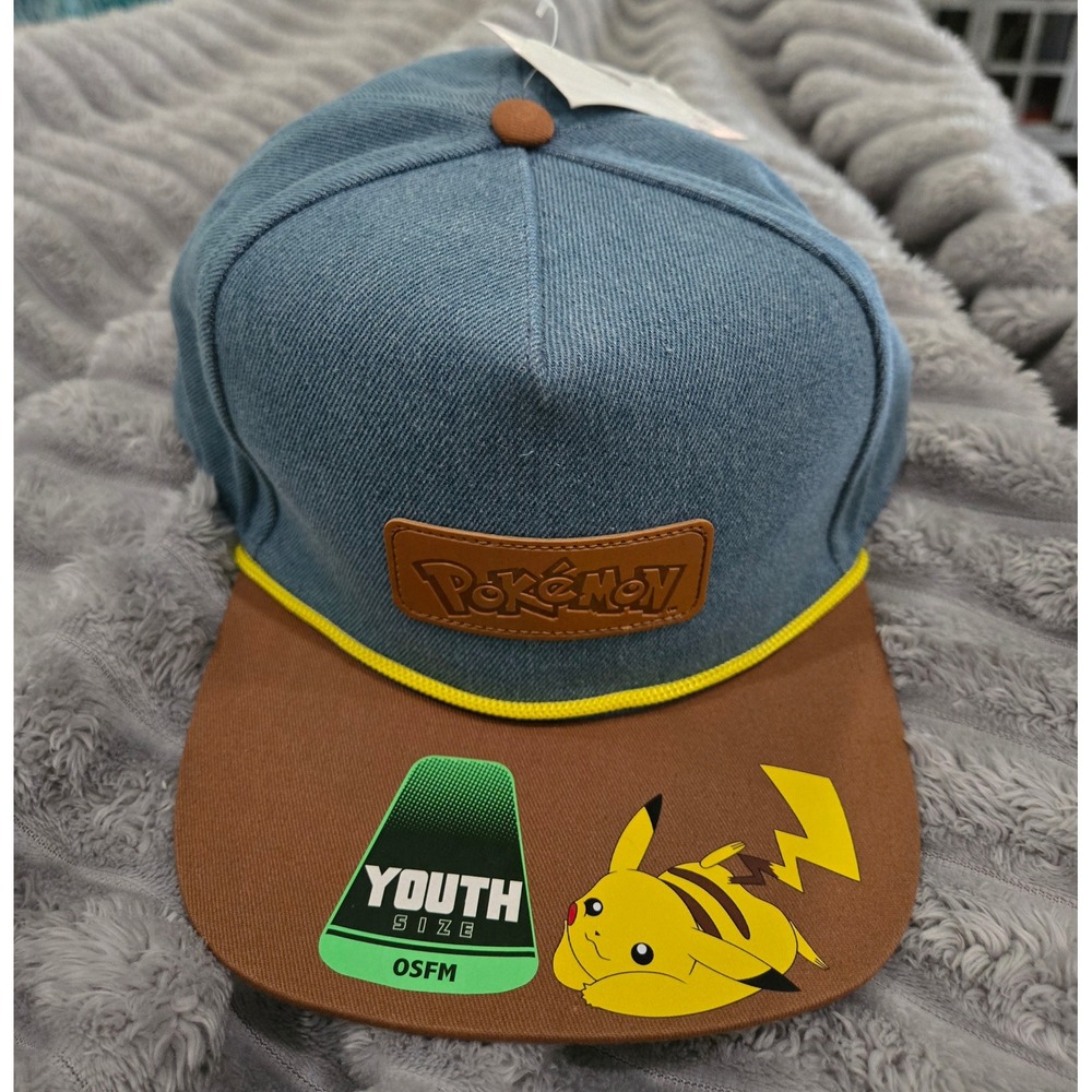 Pokemon Kids Denim Snapback Hat Pikachu Blue Brown Youth OSFM SBB8RJWPOK New
